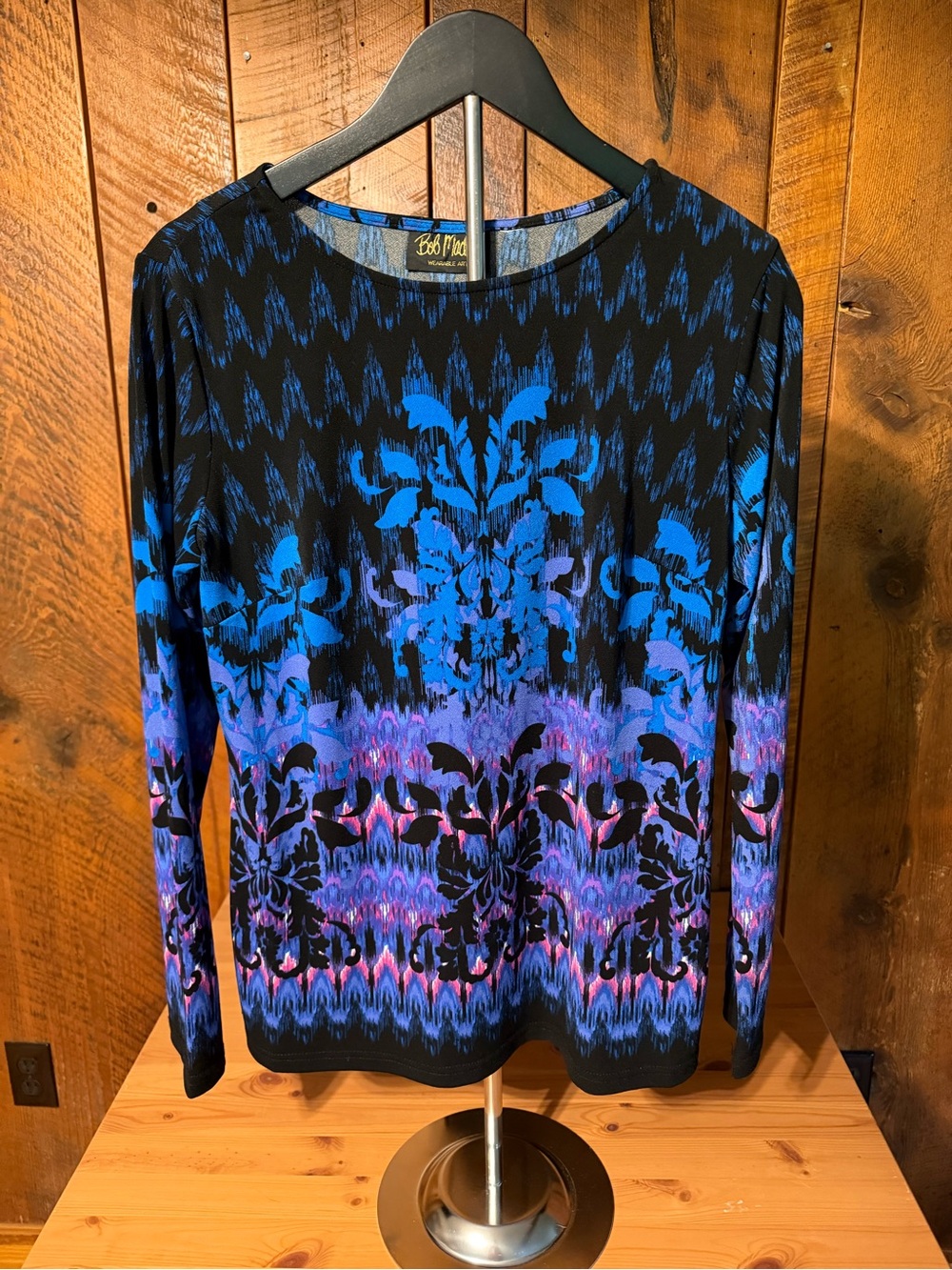 Vintage Bob Mackie Wearable Art Top M Pink Blue Damask Kaleidoscope Knit Y2K